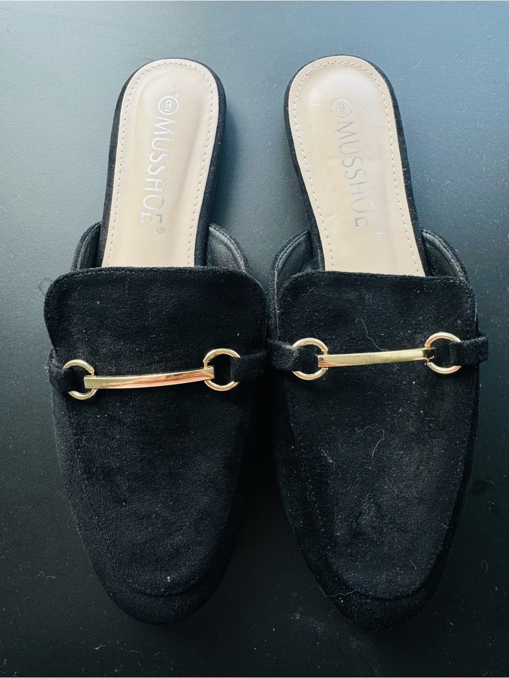 Black Faux Suede Horsebit Mule Loafers Size 9 Slip On Flats